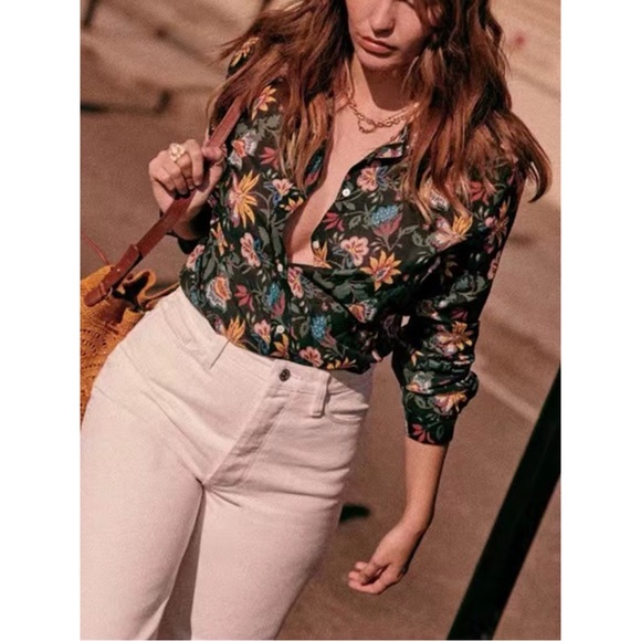 SEZANE Black Floral Printed Lightweight Silk Cotton Button Down Pierro Shirt